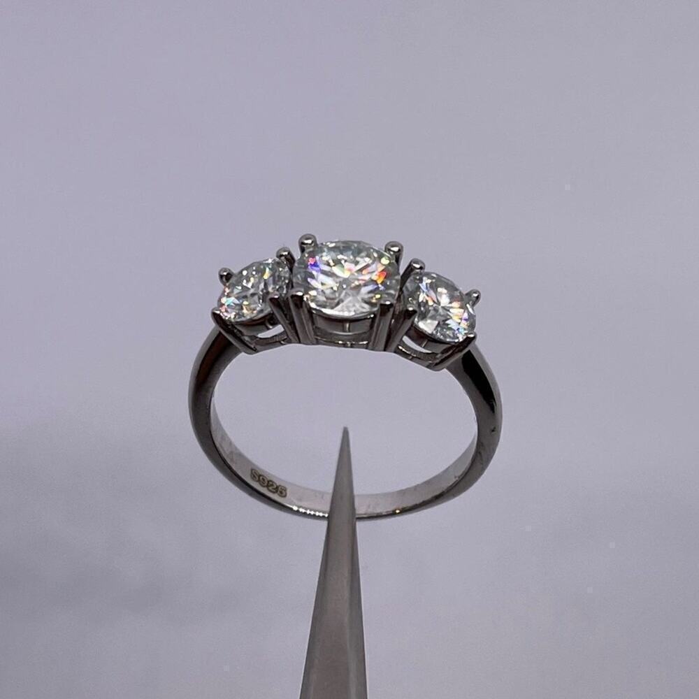 Three Stone Moissanite Ring Past Present Future Trilogy Wedding Anniversary Band - Picture 9 of 10